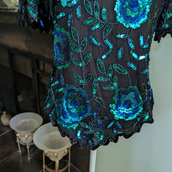 80s Laurence Kazar M/L Sequin Beaded Top 100% Silk Evening Floral Black Blue - Picture 3 of 10